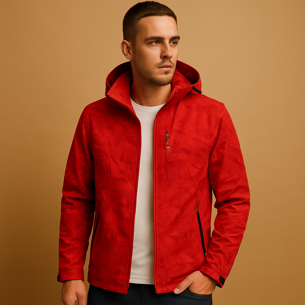 Men’s waterproof outdoor jacket with breathable fabric, adjustable hood, and modern leaf pattern for daily and outdoor activities.