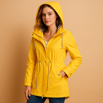 Women’s waterproof parka jacket with adjustable waist, windproof outer layer, and practical pockets, suitable for daily wear and rainy weather.