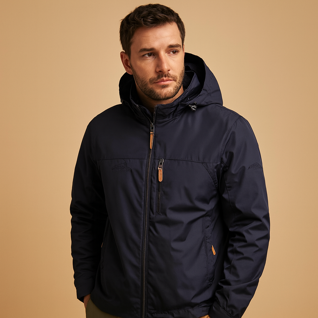 Men’s waterproof rain jacket with adjustable hood and lightweight fit, suitable for daily wear and outdoor activities.