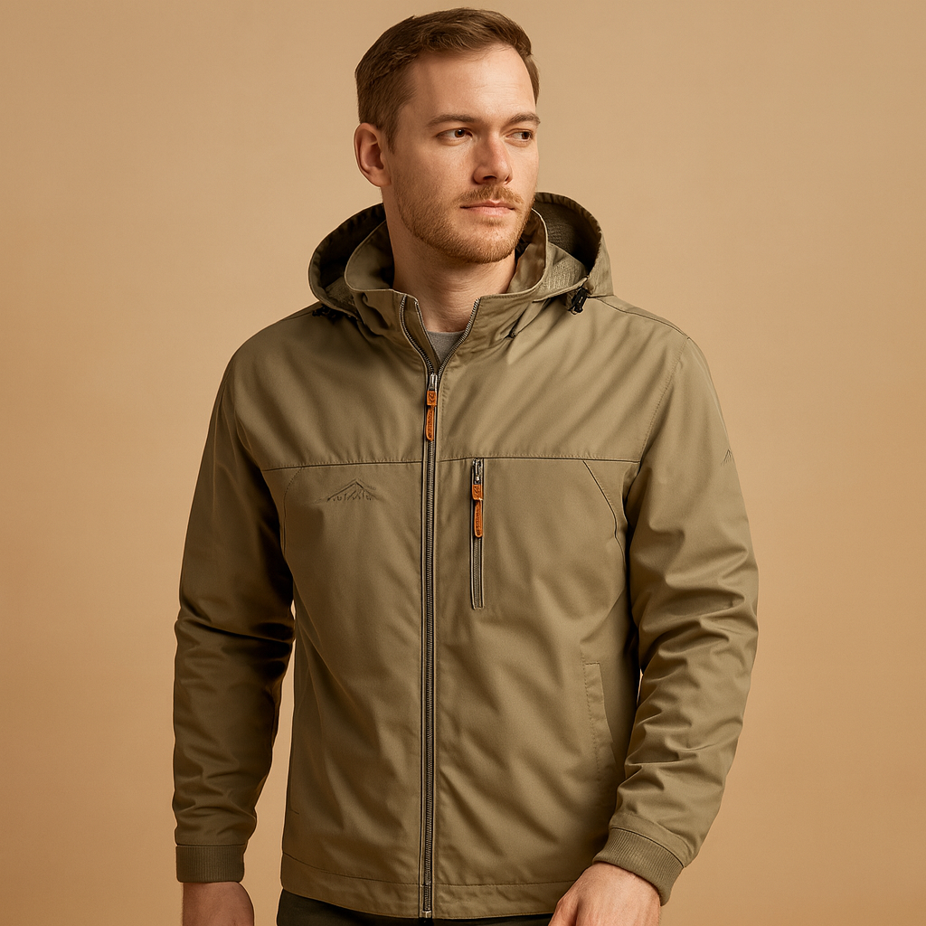 Men’s waterproof rain jacket with adjustable hood and lightweight fit, suitable for daily wear and outdoor activities.