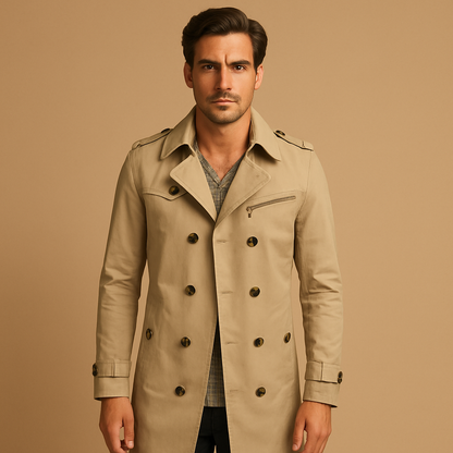Men’s waterproof trench coat with classic double-breasted design, perfect for work, formal events, and casual wear in any season.