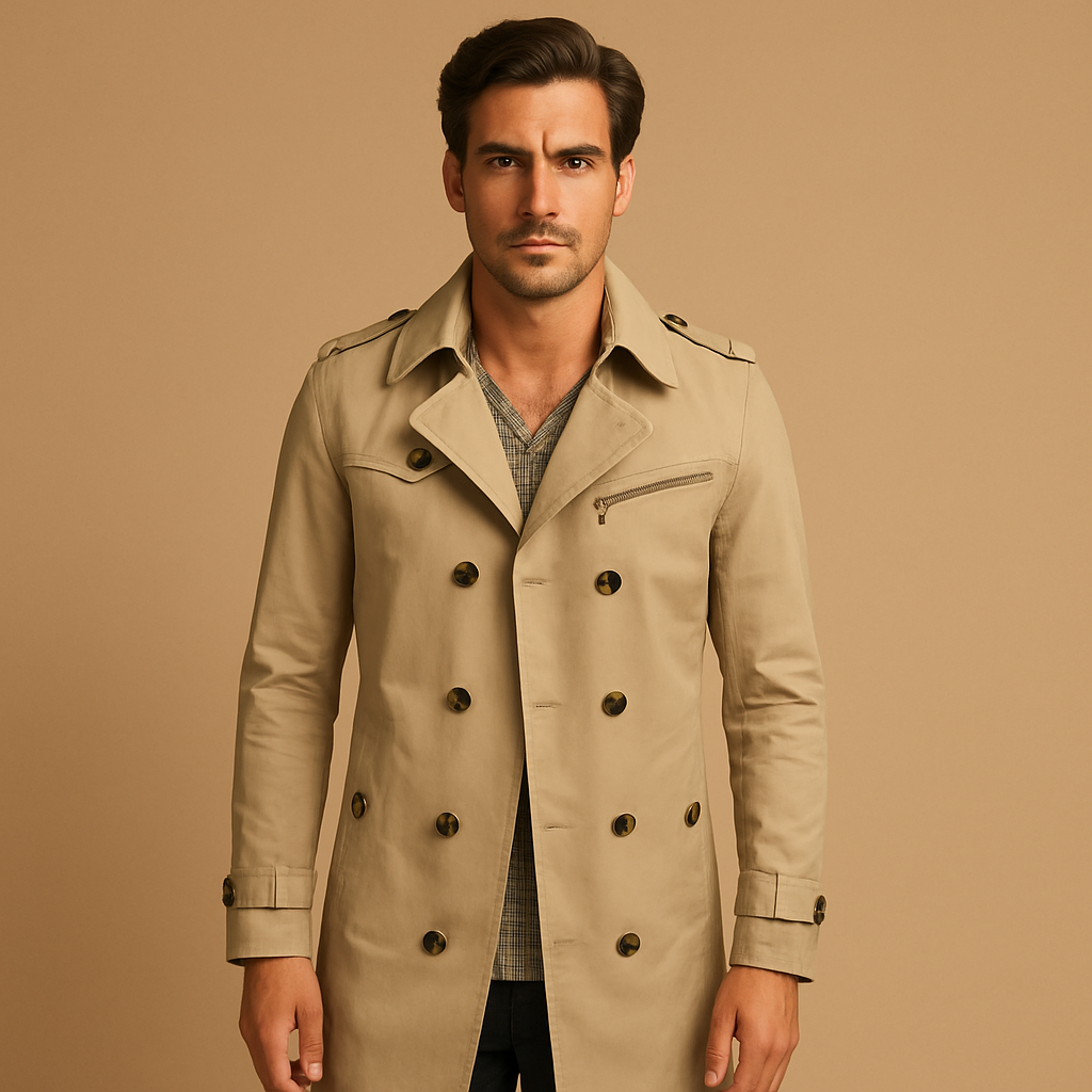 Men’s waterproof trench coat with a classic double-breasted design, offering wind protection and a refined look for work and everyday wear.