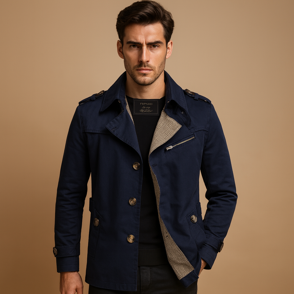 Men’s waterproof trench coat with a classic double-breasted design, offering wind protection and a refined look for work and everyday wear.