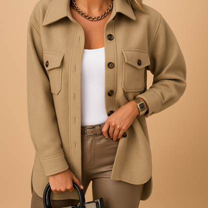 Women’s waterproof windbreaker jacket with fold-over collar, button closure, and pockets. Available in white, beige, brown, khaki, black, navy, blue, and yellow.