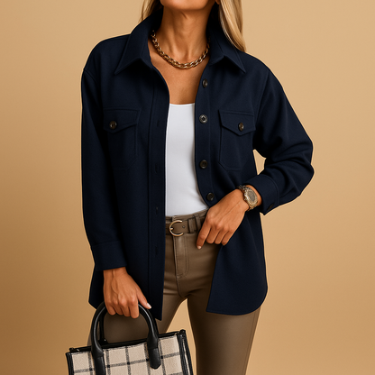 Women’s waterproof windproof jacket with folded collar, button closure, and pockets. Available in multiple colors for stylish everyday wear.