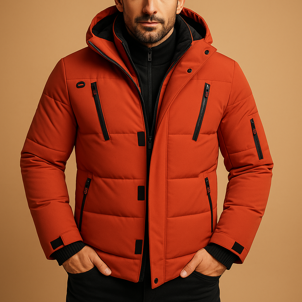 Men’s waterproof winter jacket with insulated lining and adjustable hood, ideal for cold, rainy weather and outdoor activities.
