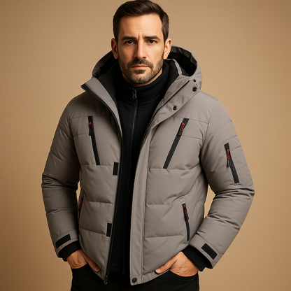 Men’s waterproof winter jacket with insulated lining and adjustable hood, ideal for cold, rainy weather and outdoor activities.