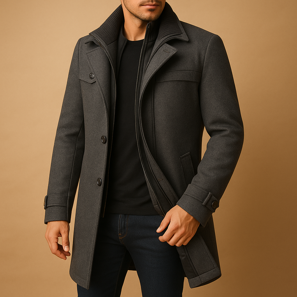 Men’s waterproof winter jacket with adjustable cuffs and pockets, perfect for staying warm and dry during cold and rainy days.