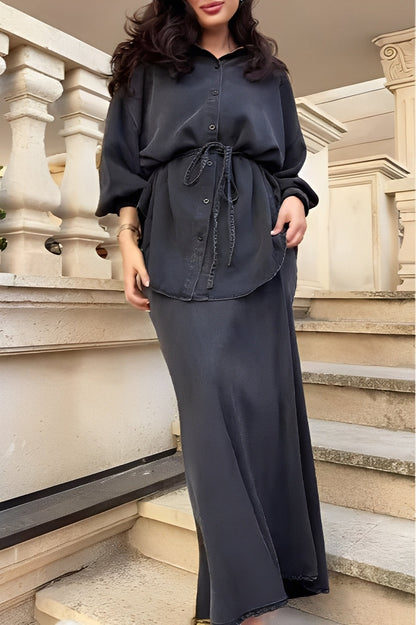 Women's Casual Tie Waist Shirt Dress Set - Olytrend