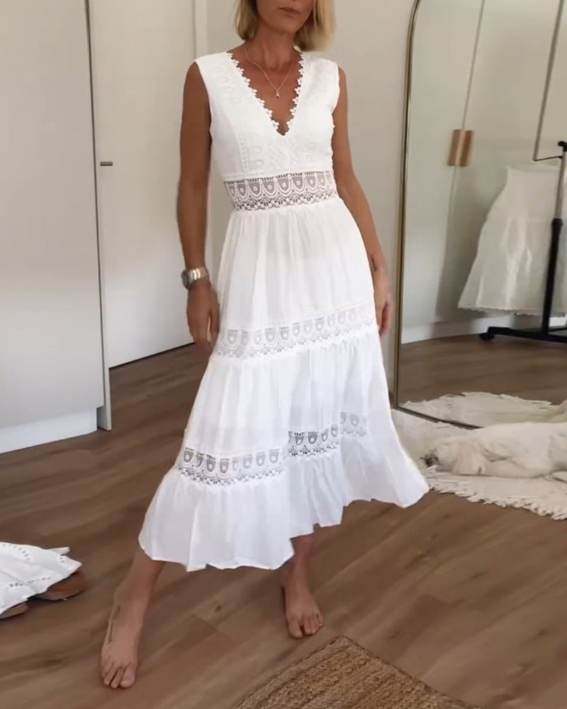 Elegant V Neck Lace Midi Dress for Women - Pexav