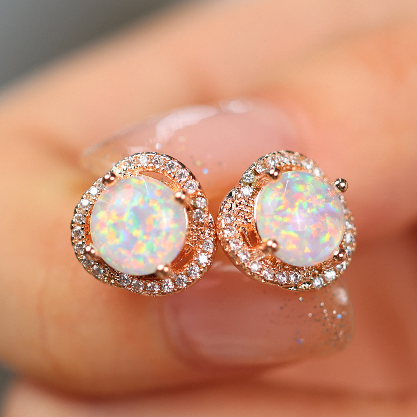White Opal & Zircon Clover Leaf Earrings - Elara-Blue Opal and Rose Gold-Nora Luxe