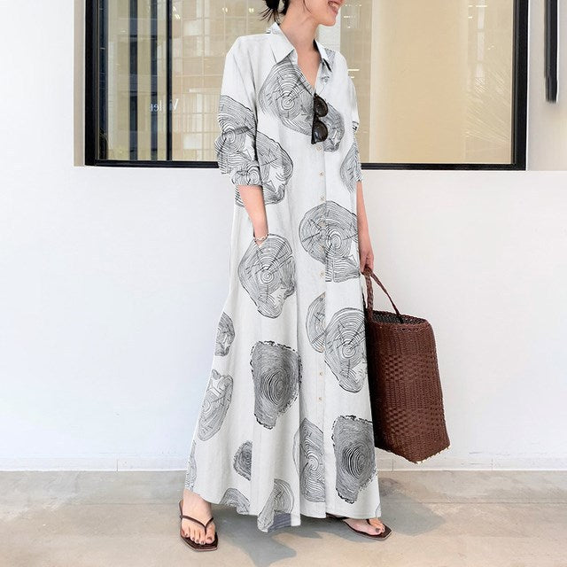 Relaxed Fit Maxi Dress with Long Sleeves and Floral Print - Nocini