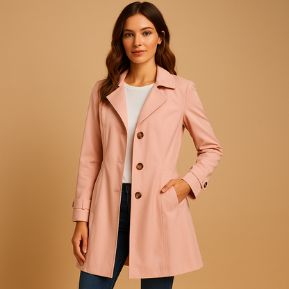 Women’s windproof raincoat with an adjustable waist and hood, suitable for everyday wear, work, and protection from rain and wind.