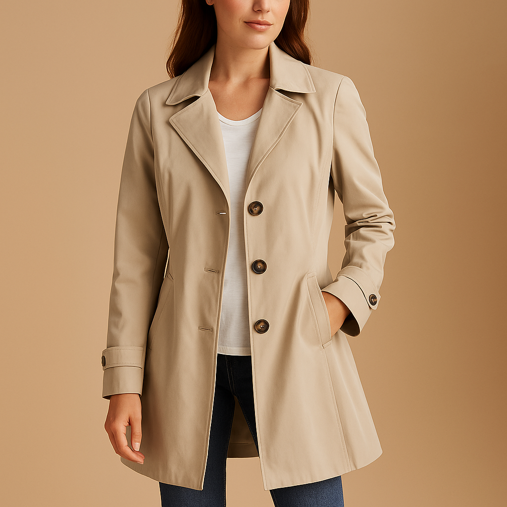 Women’s windproof raincoat with an adjustable waist and hood, suitable for everyday wear, work, and protection from rain and wind.