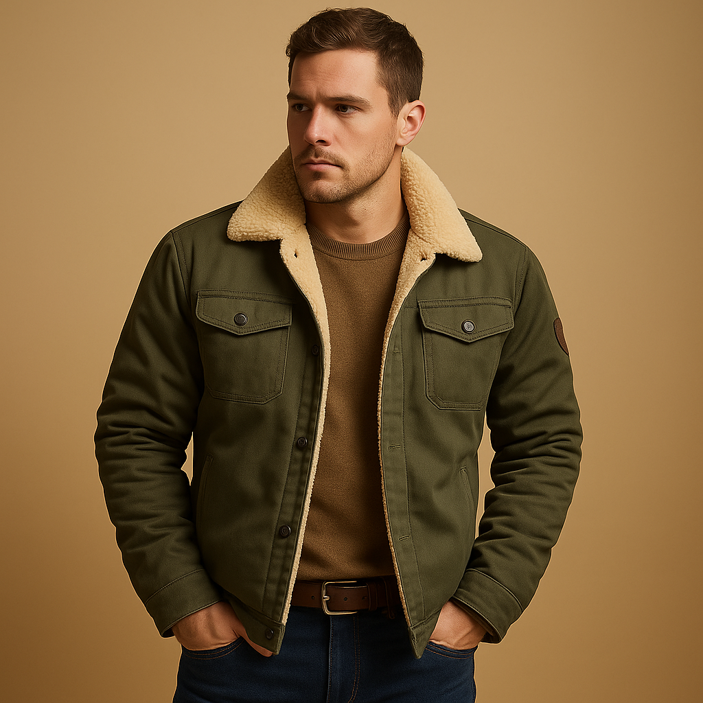 Men’s winter bomber jacket with ribbed cuffs, insulating lining, and classic design for casual wear and cold weather.
