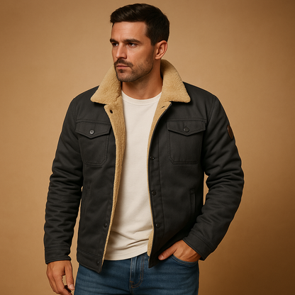 Men’s winter bomber jacket with ribbed hems and insulated lining, designed for comfort, warmth, and timeless casual style.
