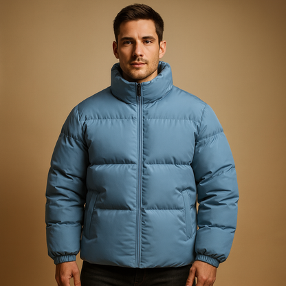 Men’s winter jacket with high collar, premium insulation, and sleek design, offering warmth and style for cold winter days.
