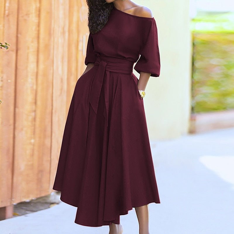 Ladies' Off Shoulder A-Line Midi Dress Waist Detail
