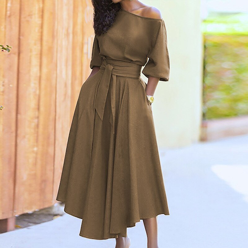 Ladies' Off Shoulder A-Line Midi Dress Waist Detail