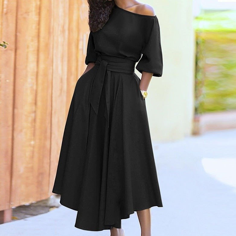 Ladies' Off Shoulder A-Line Midi Dress Waist Detail - Nocini