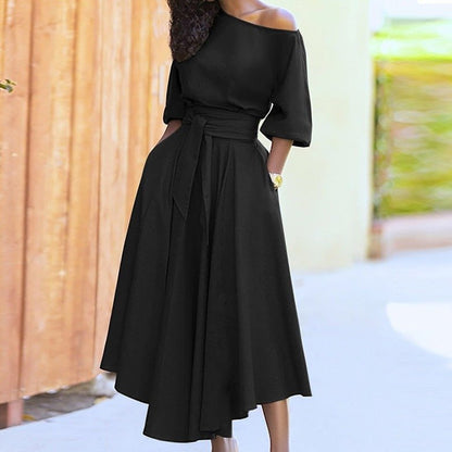 Ladies' Off Shoulder A-Line Midi Dress Waist Detail - Nocini