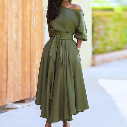 Ladies' Off Shoulder A-Line Midi Dress Waist Detail