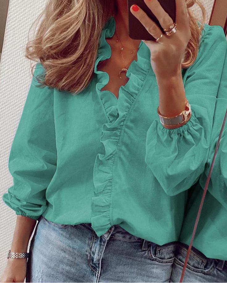 Floral V Neck Ruffled Women's Blouse