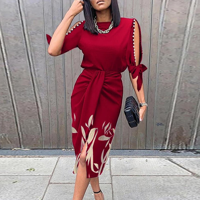 Elegant Floral Midi Dress with Beaded Sleeves