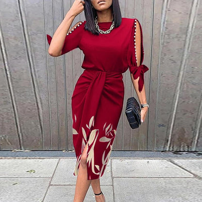 Elegant Floral Midi Dress with Beaded Sleeves