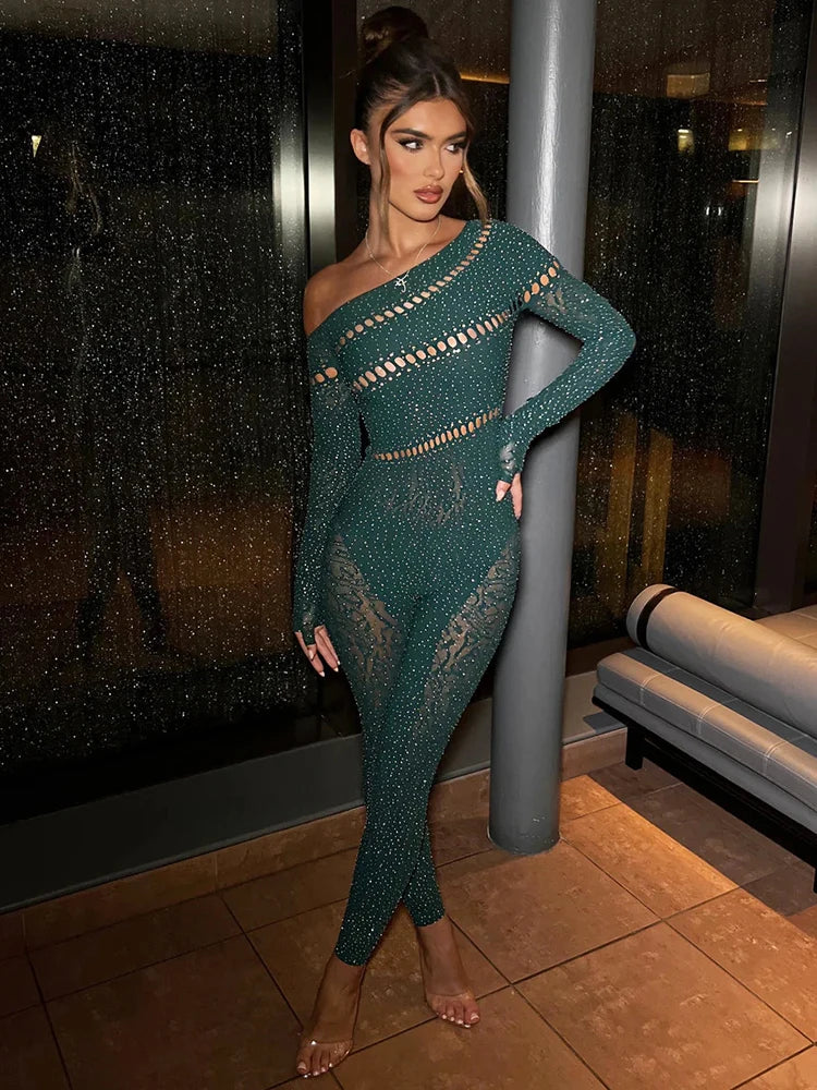 Sparkly Womens Off The Shoulder Jumpsuit For Night Out - Nocini
