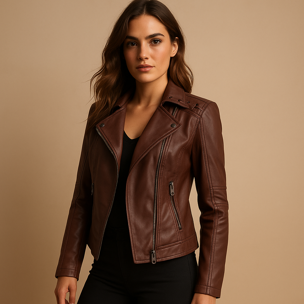 Women’s jacket with stand collar, tailored silhouette, and silver zipper details in multiple colors.