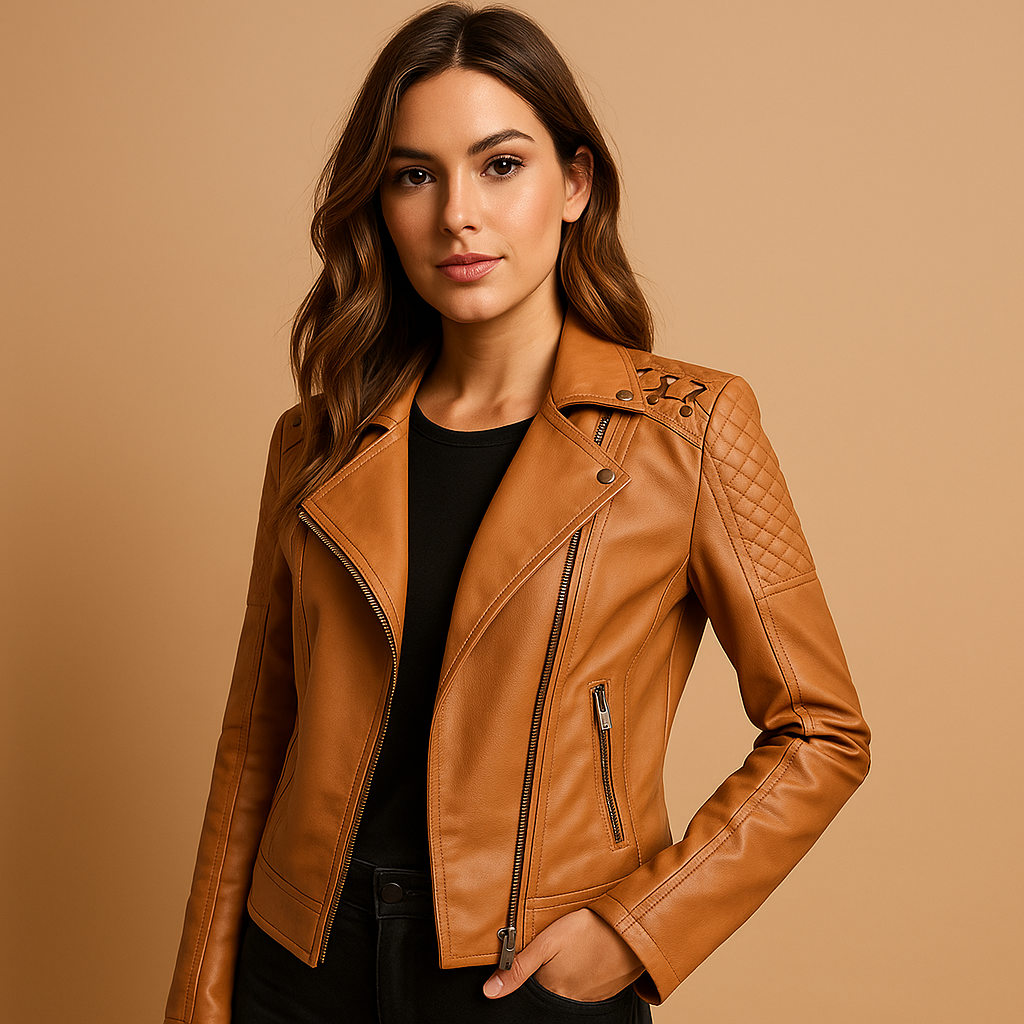 Women’s jacket with stand collar, tailored silhouette, and silver zipper details in multiple colors.