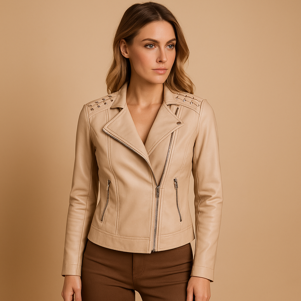 Women’s jacket with stand collar, tailored silhouette, and silver zipper details in multiple colors.