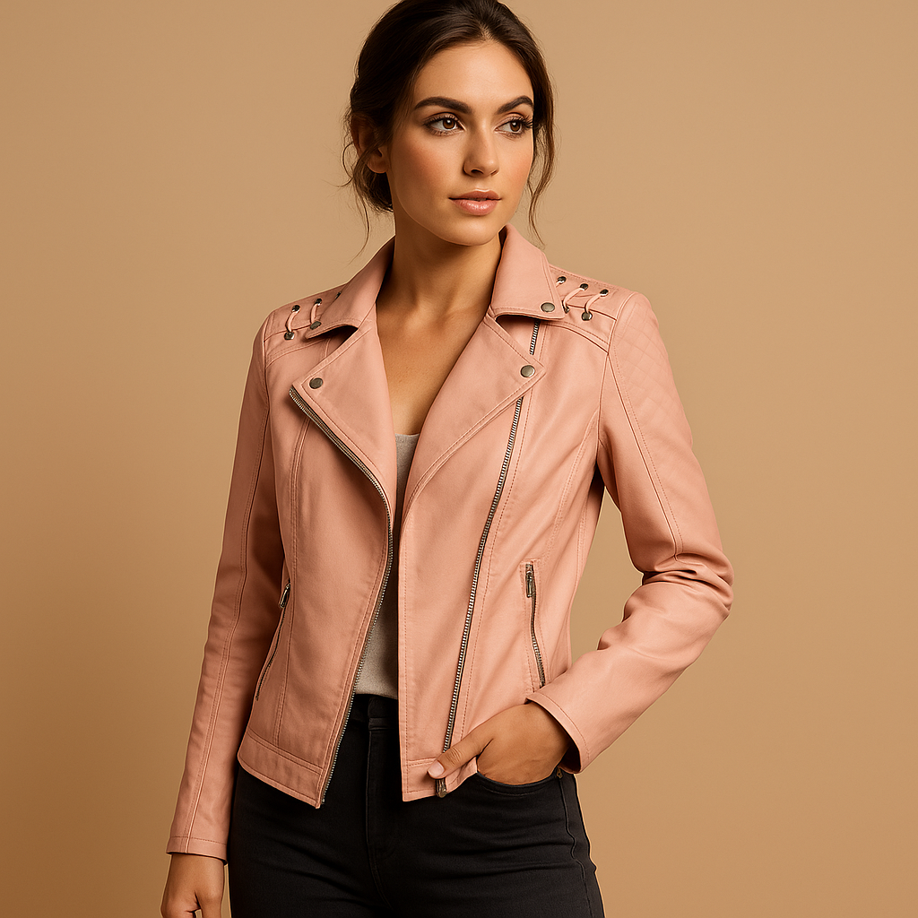 Women’s jacket with stand collar, tailored silhouette, and silver zipper details in multiple colors.