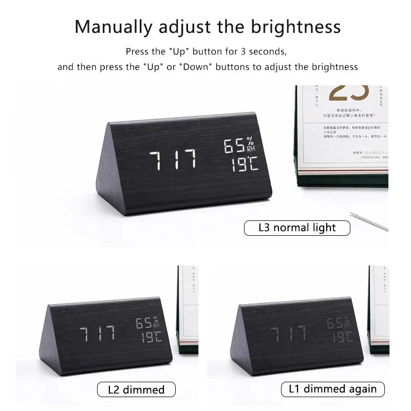 Wooden LED Clock with Voice Control - EcoClock-Brown Triangle-Nora Luxe