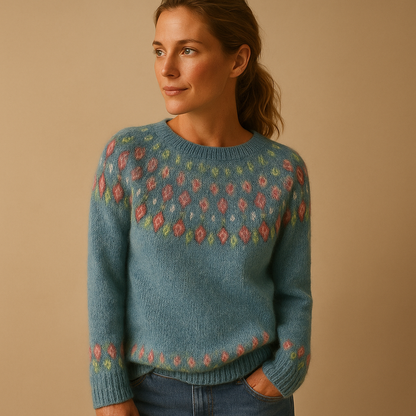 Wool blend sweater for women with unique print, classic fit, and soft fabric, available in Green, Blue, Grey, Pink, and White.