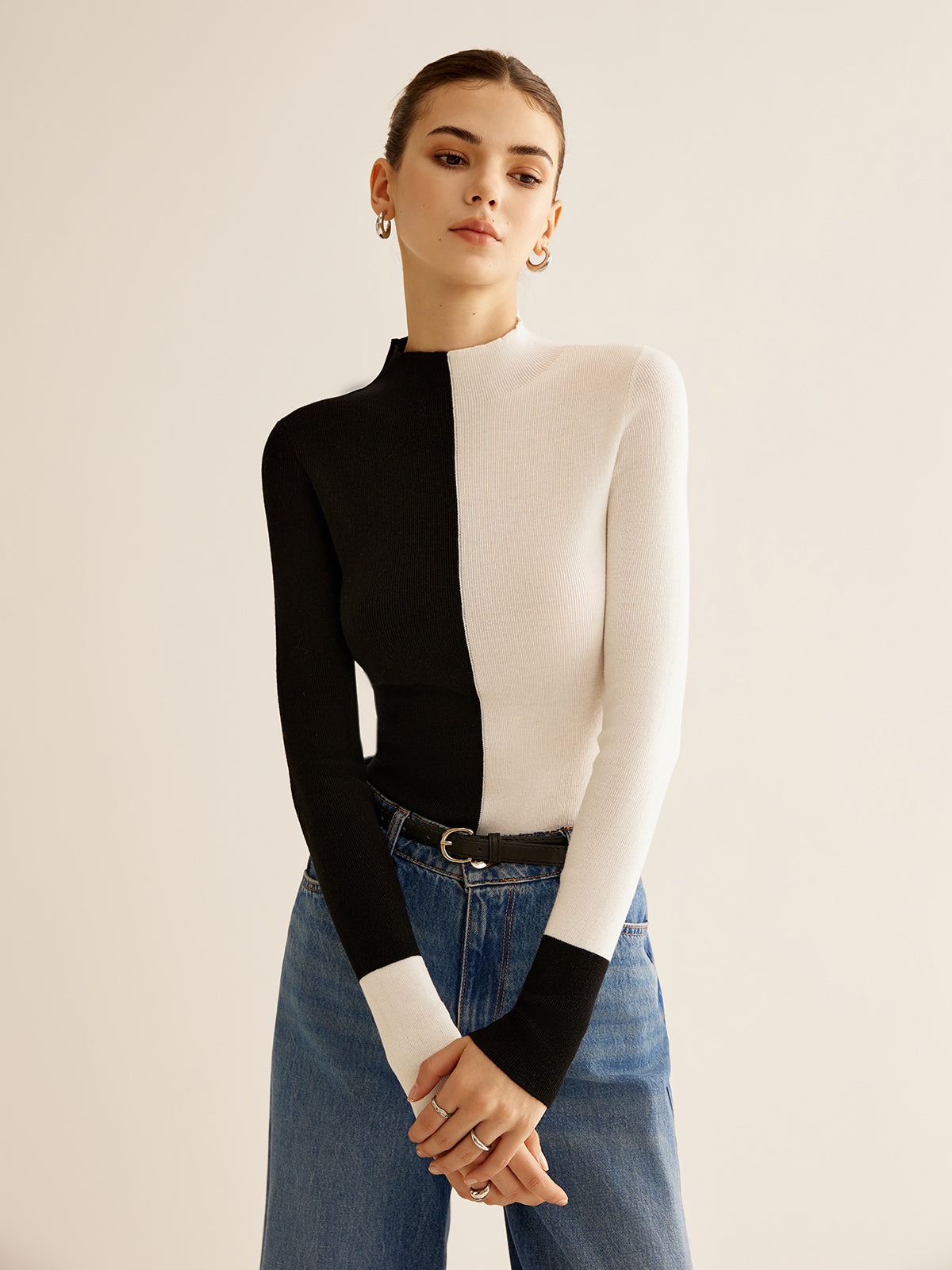 Soft Two Tone Slim Fit Sweater Top - Pexav