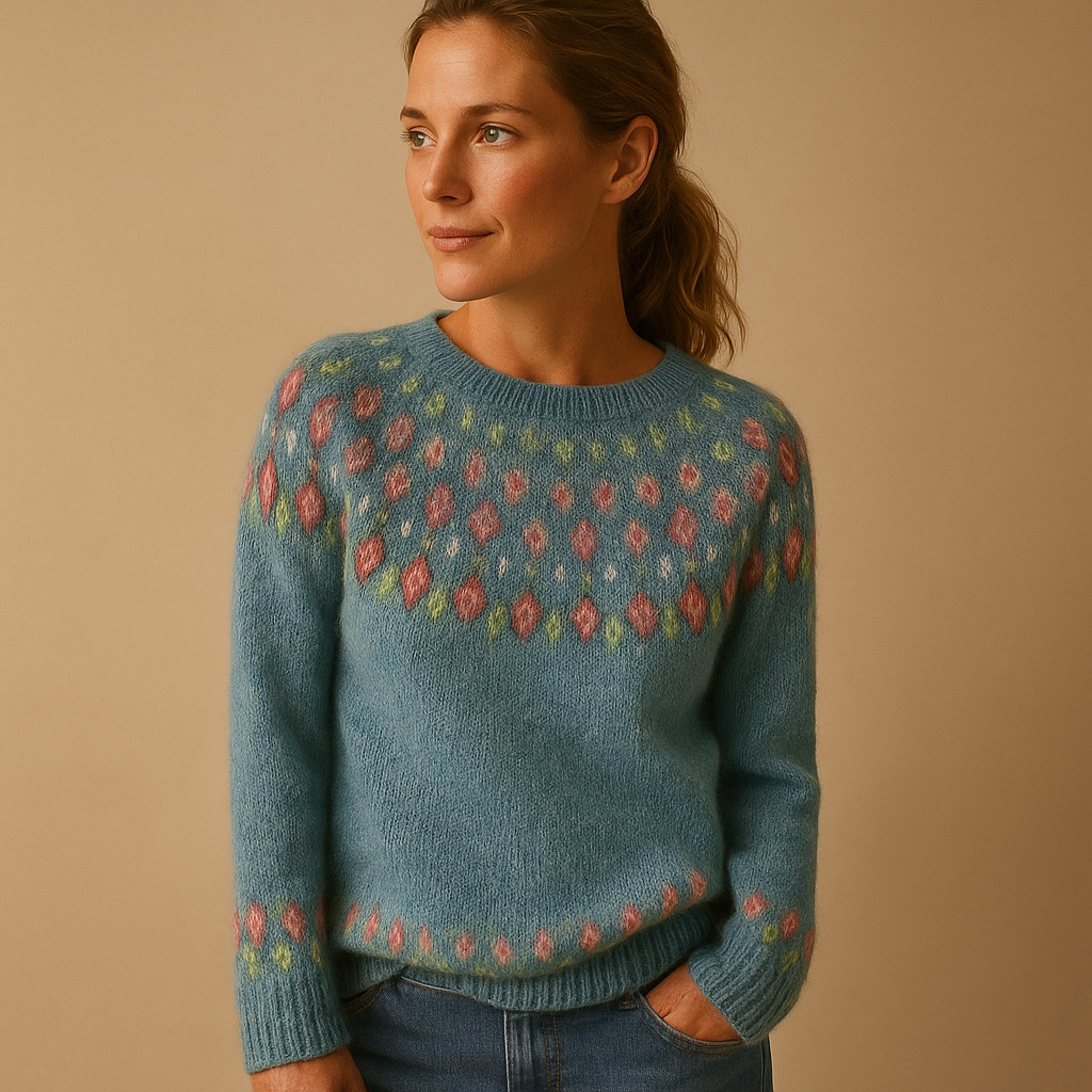 Women’s wool sweater with unique print, classic neckline, and cozy fit. Perfect for casual days or elegant outfits in cooler seasons.