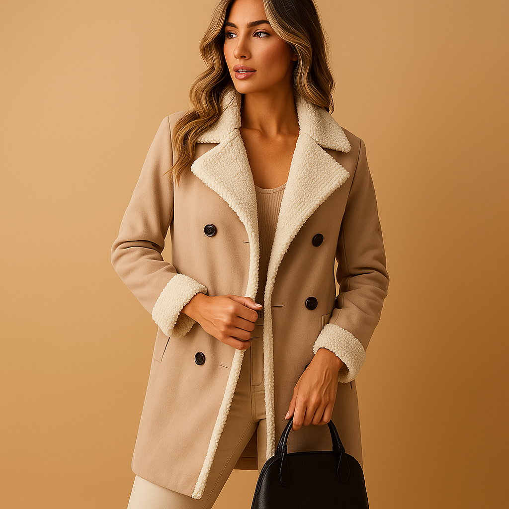 Wool winter coat for women with lapel collar, long sleeves, and timeless cut, available in black, khaki, and apricot.