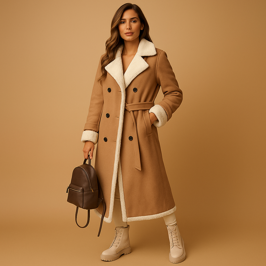 Wool winter coat for women with lapel collar, long sleeves, and timeless cut, available in black, khaki, and apricot.