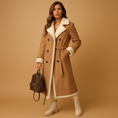 Wool winter coat for women with lapel collar, long sleeves, and timeless cut, available in black, khaki, and apricot.