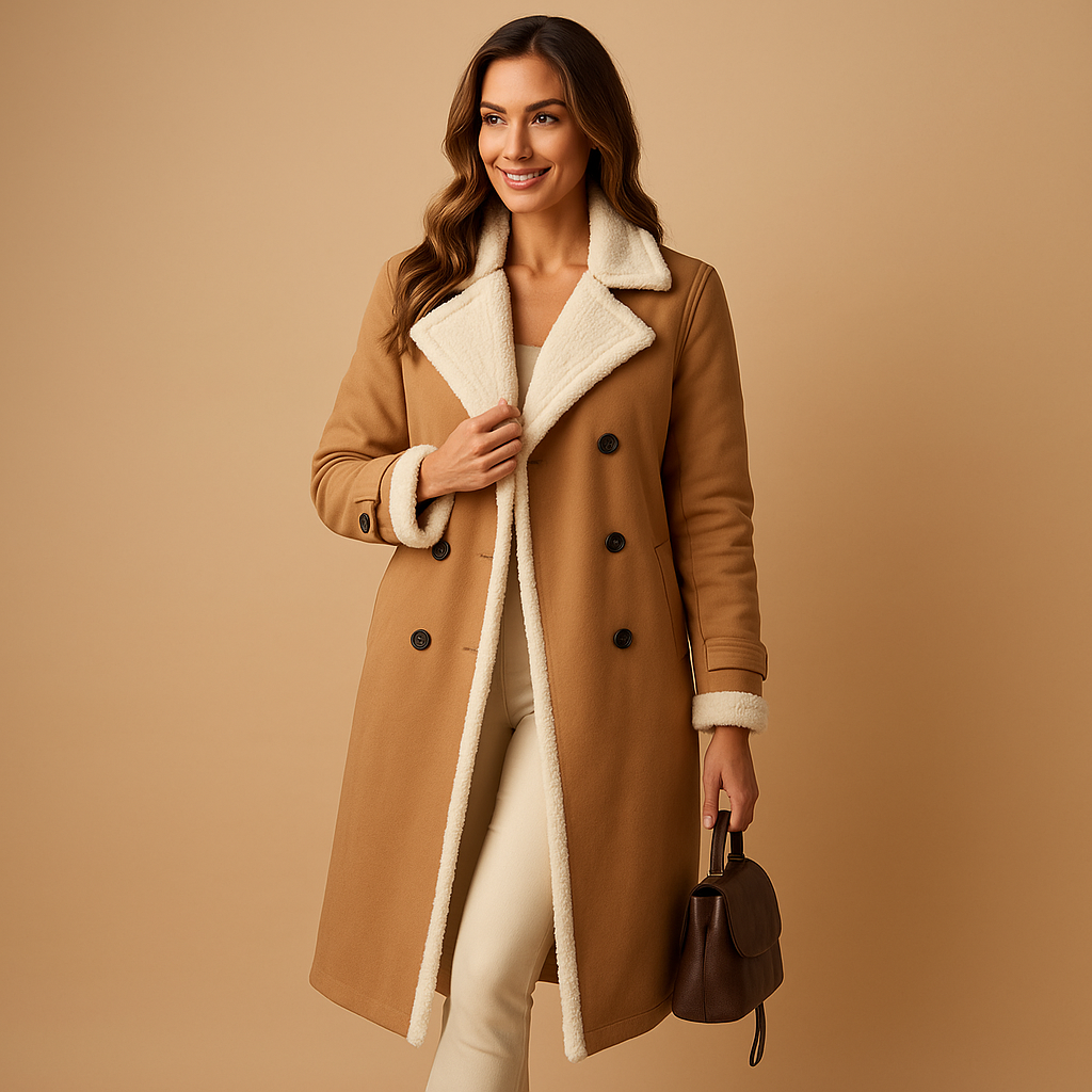 Wool winter coat for women with lapel collar, long sleeves, and timeless cut, available in black, khaki, and apricot.