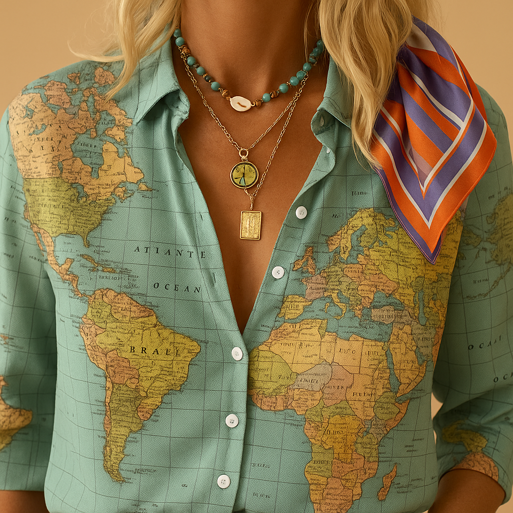 Women’s lightweight blouse with world map print in green — stylish, breathable, and perfect for travel or everyday wear.