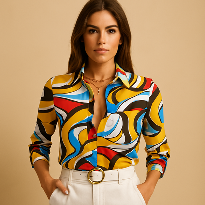 Women’s wrap neck printed blouse with loose fit and soft cotton blend, perfect for casual days, office wear, or evening outings.