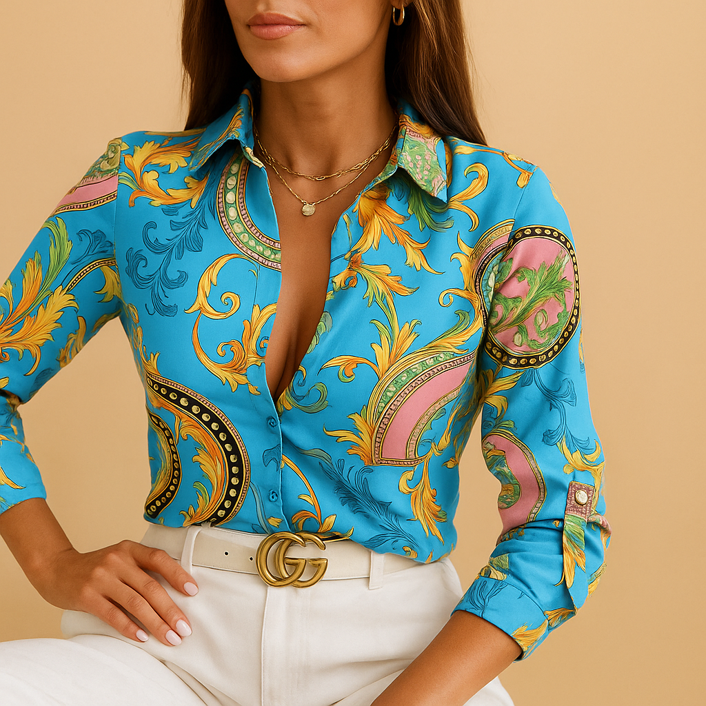Chic Printed V Neck Women's Blouse - Nocini