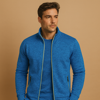 Men’s stylish wrinkle-free zip cardigan with hand-finished details and hidden zip pockets, designed for comfort and timeless elegance.