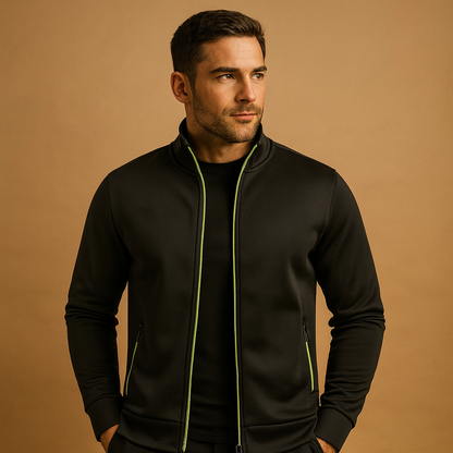 Men’s stylish wrinkle-free zip cardigan with hand-finished details and hidden zip pockets, designed for comfort and timeless elegance.