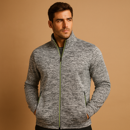 Men’s stylish wrinkle-free zip cardigan with hand-finished details and hidden zip pockets, designed for comfort and timeless elegance.