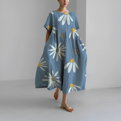 Casual V Neck Short Sleeve Floral Midi Dress with Pockets