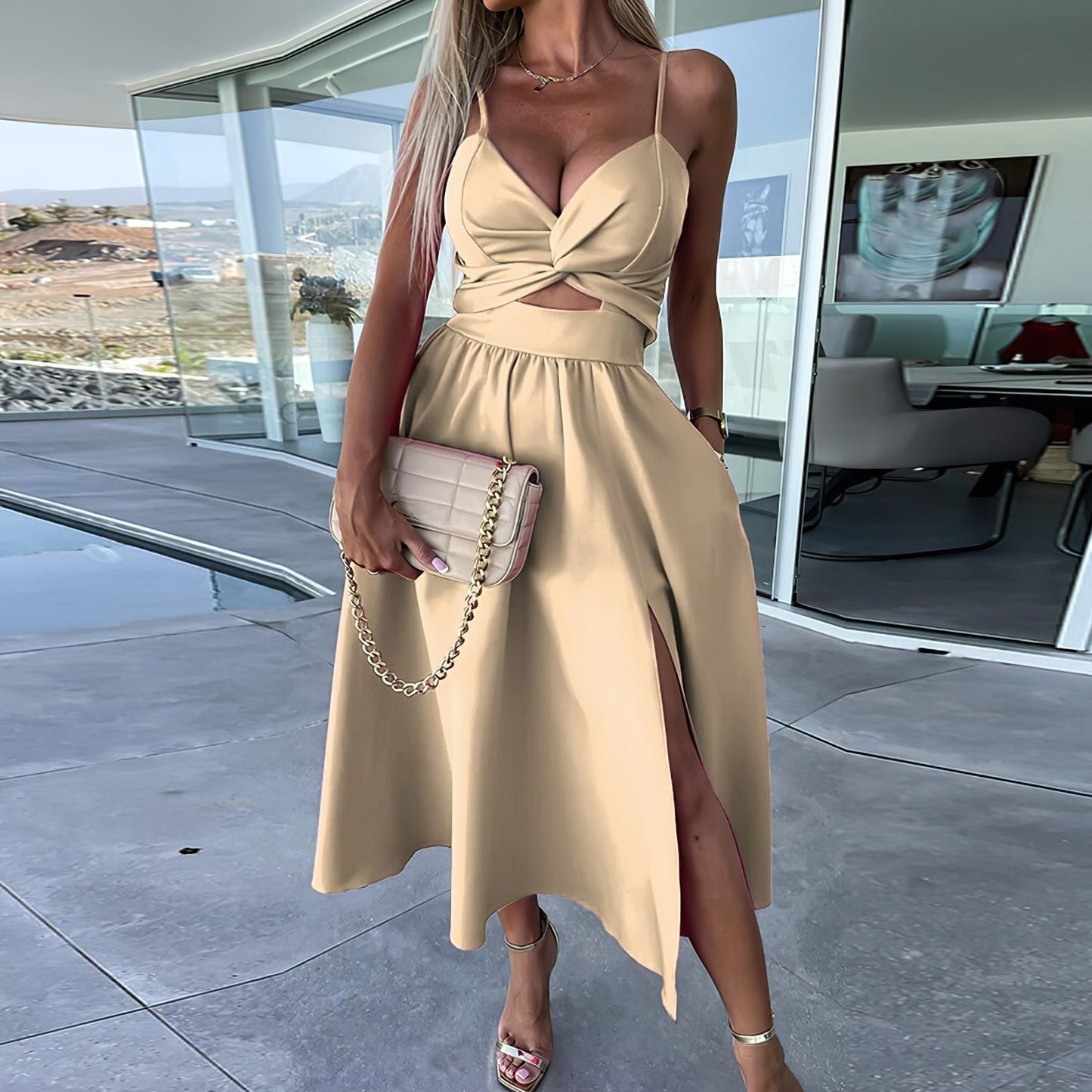 Casual A-Line Midi Dress with Flowy Skirt